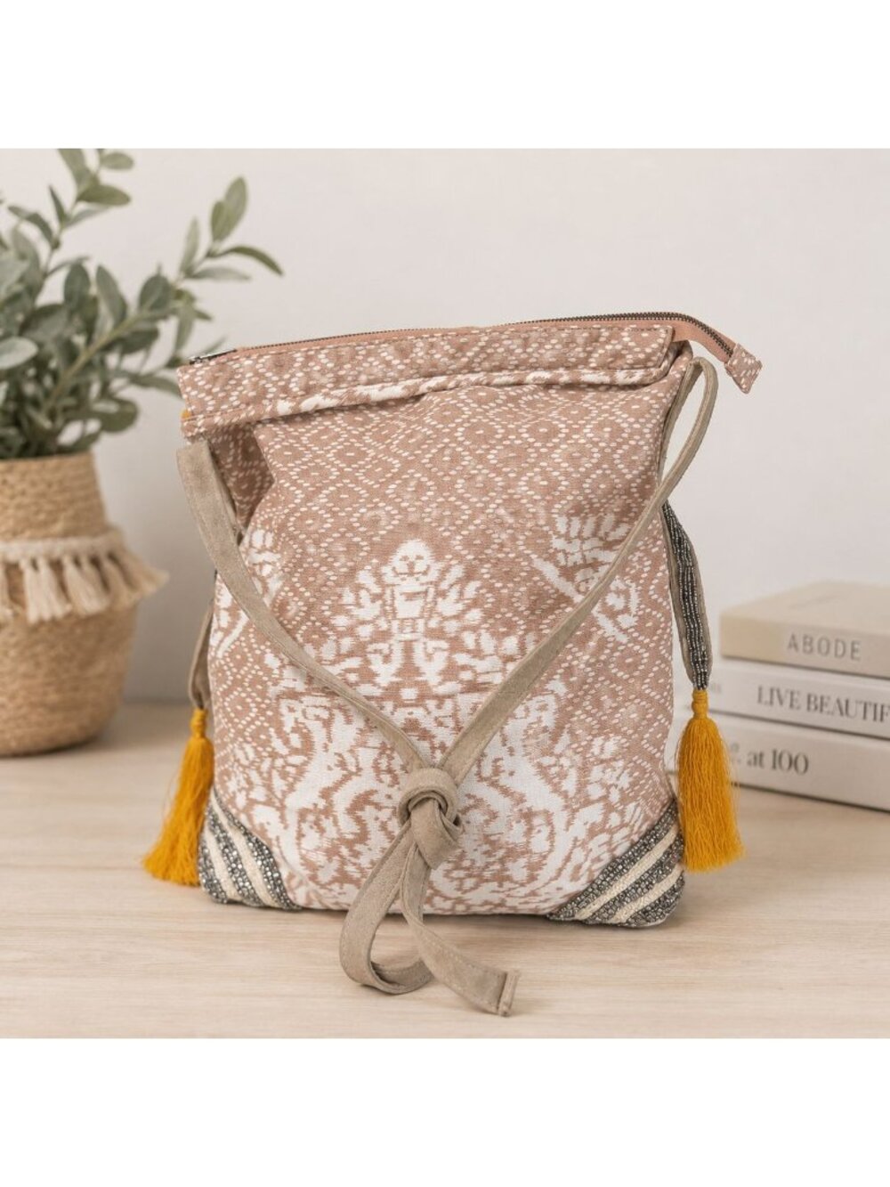 Jasper & Jeera Beige White Boho Tribal Shoulder Bag Yellow Pom Tassel Zip Tote